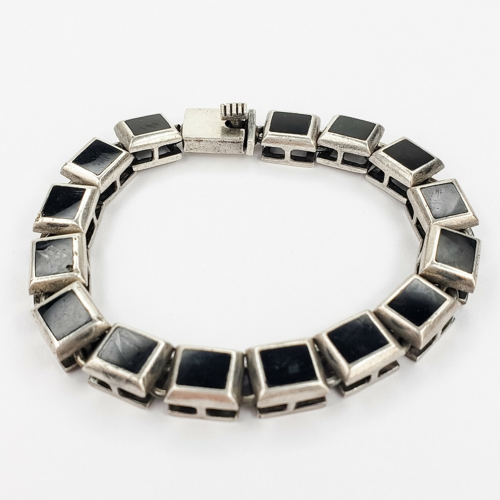 Vintage Sterling Silver 925 Weiss Link Bracelet Black Lucite Squares